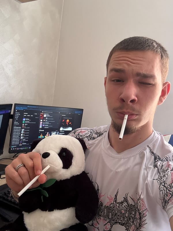 Man poses with cigarette-holding stuffed panda in Bulgarian village