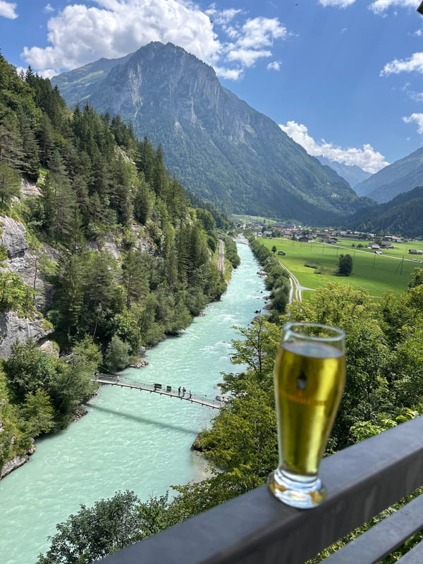 Drinks on a railing above the Aare River valley, Innertkirchen