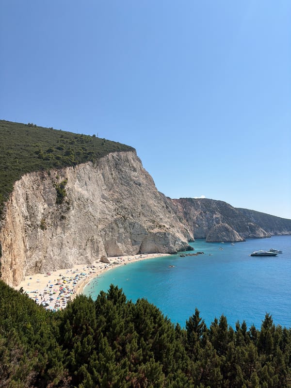 Busy summer day at Egremni Beach, Lefkada, Greece