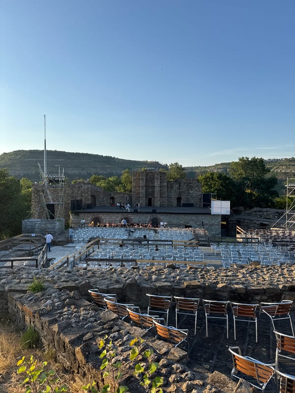 Live performance at Tsarevets Fortress as dusk falls over Veliko Tarnovo