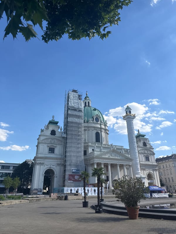 Vienna's Karlskirche up close on a clear summer afternoon