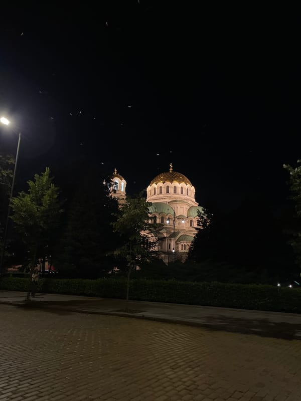 Alexander Nevsky Cathedral glows against Sofia's night sky.