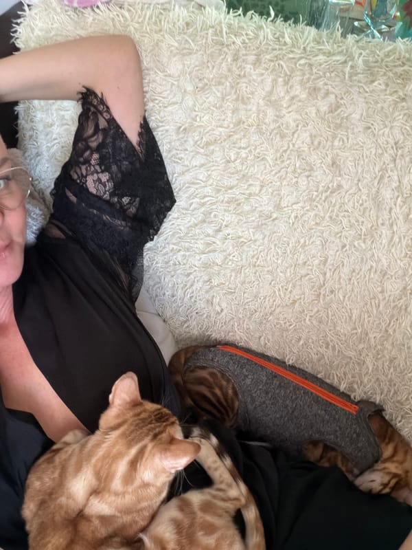 Woman enjoys quiet moments with cats at home