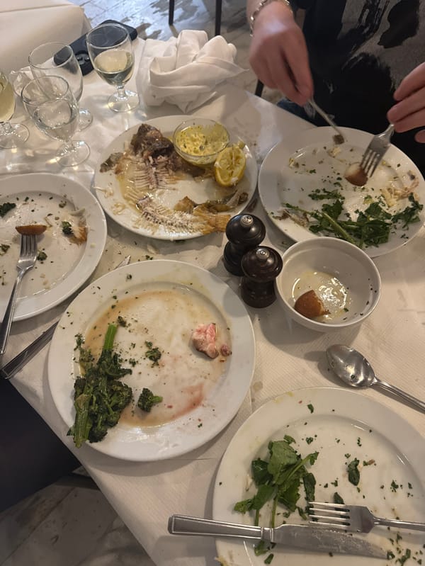 Post-dinner scene captured at London restaurant table