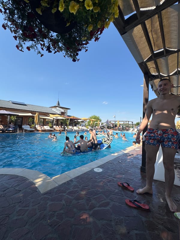 Poolside afternoon in Krasen with a curious French Bulldog