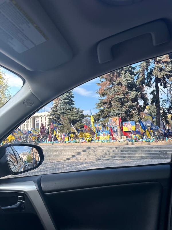 Memorial display with Ukrainian flags observed in Kyiv