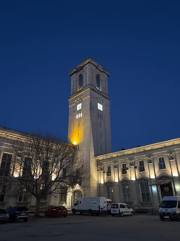 Clock tower photographed from below in Ruse, Bulgaria