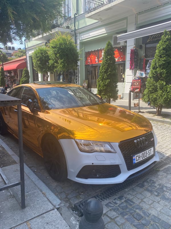 Gold Audi, blue taxi, and a stray dog on Batumi cobblestones