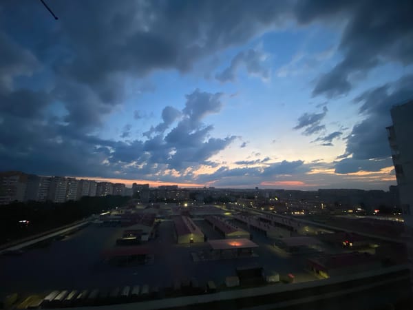 Krasnodar at twilight, storm clouds rolling over the city