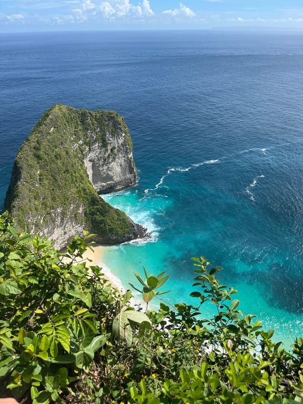 Tourist captures aerial views of Kelingking Beach cliffs, Nusa Penida