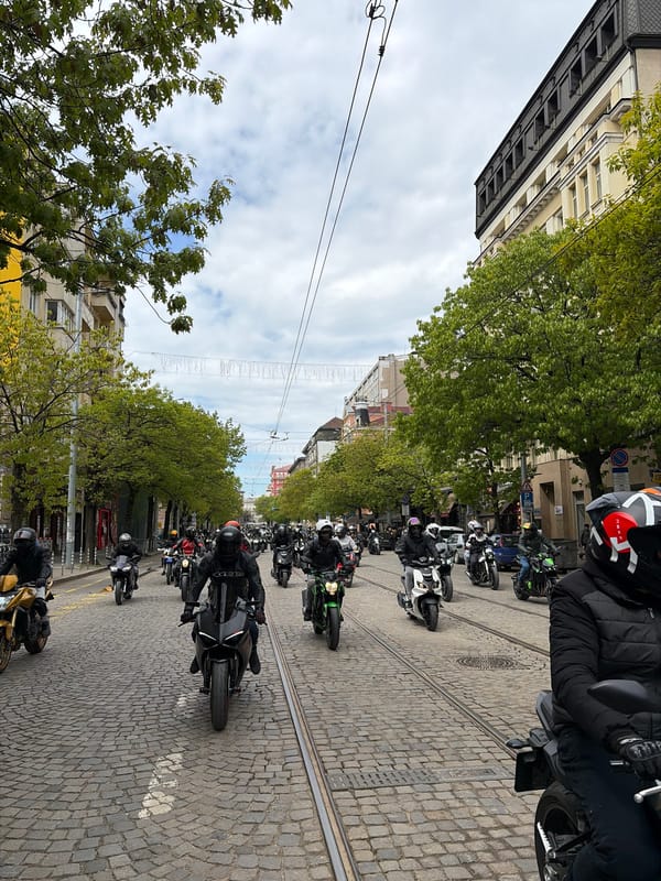 Motorcycle group rides through Sofia's cobblestone streets