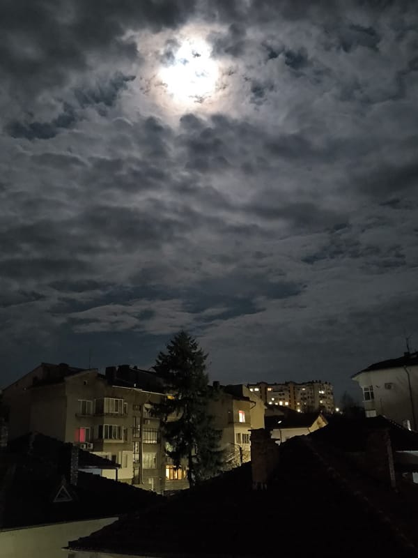 Moonlit night scene captured over Pleven, Bulgaria rooftops
