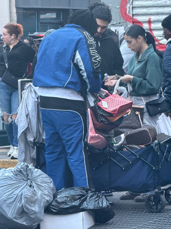 People queue on NYC sidewalk with belongings near shuttered storefront