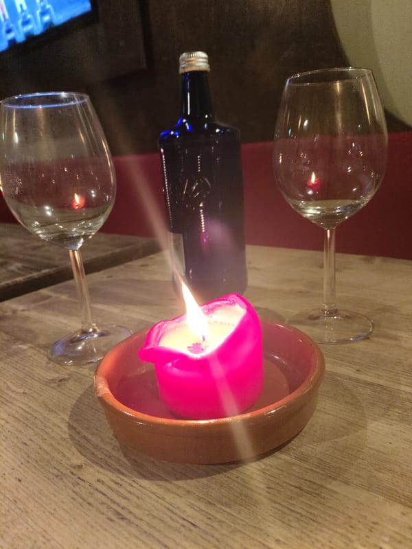 Munich restaurant captured with candlelit tables, wine service