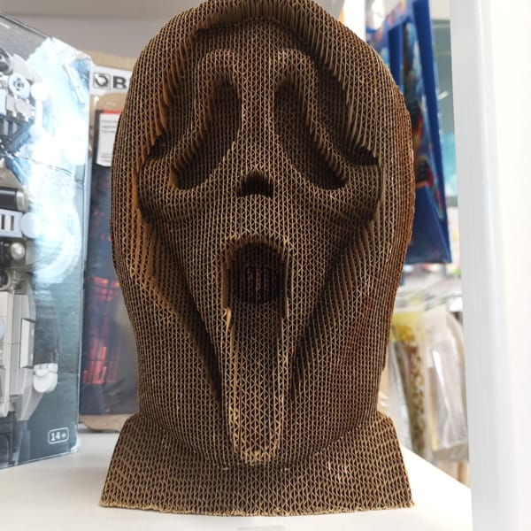 Cardboard Ghostface mask sculpture displayed in Izhevsk, Russia