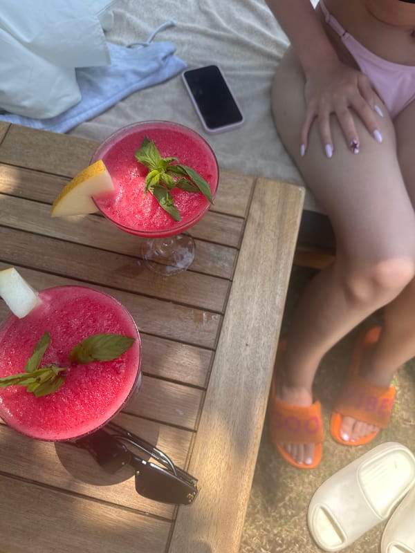 Watermelon smoothies at a tropical outdoor park setting