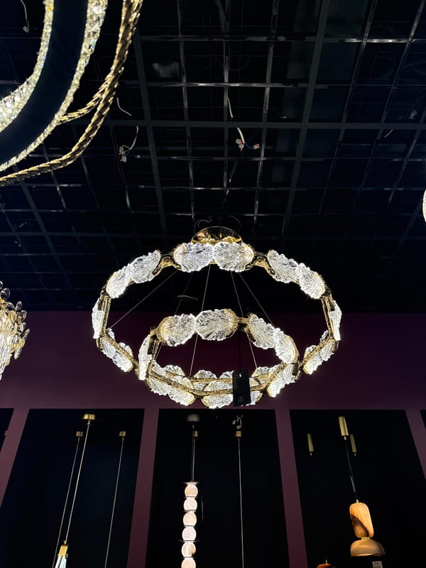Inside a Moscow lighting showroom, chandeliers and decor on display