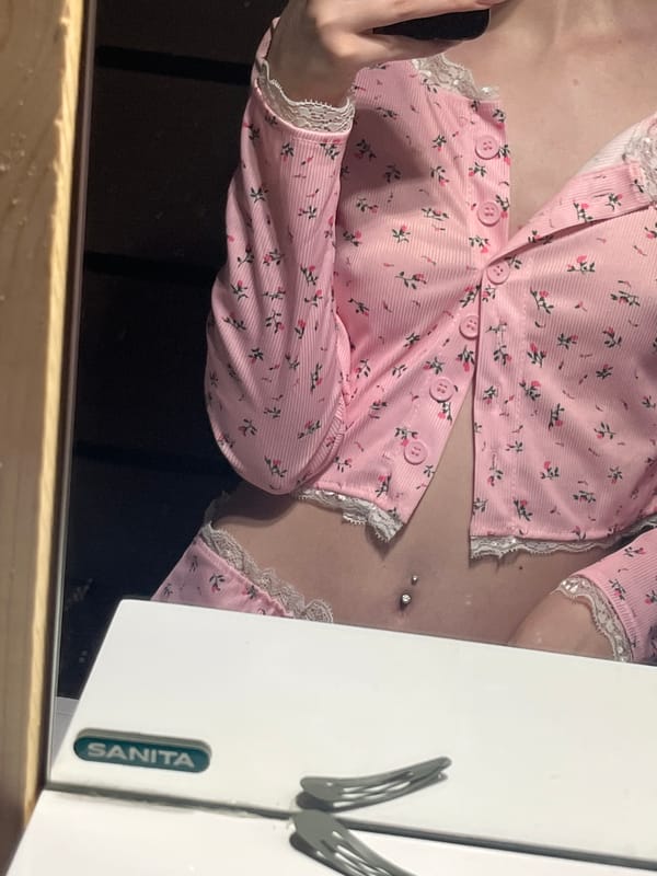 Mirror selfie series in pink floral pajamas, Ashkadar bedroom