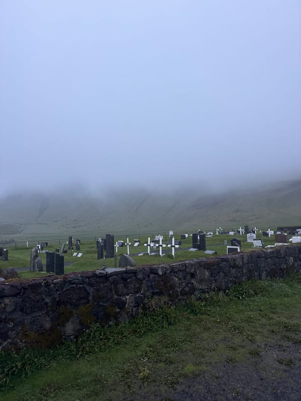 Tourist documents foggy day exploring Vik Iceland village landmarks