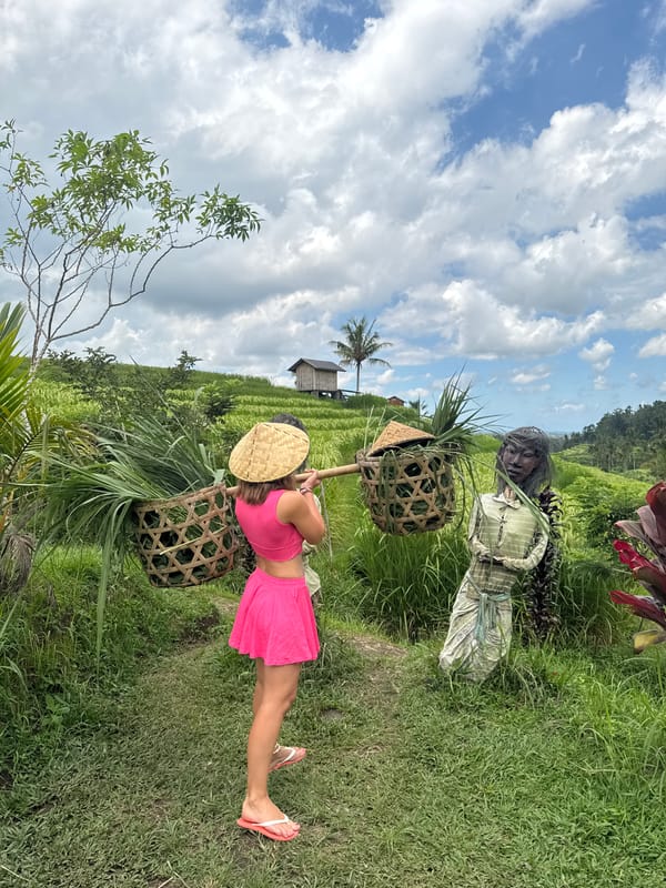 Woman tends rice paddies amid scarecrows in Penebel, Indonesia