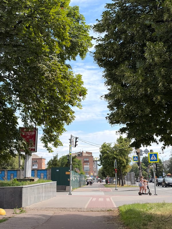Summer morning street life across central Chernihiv, Ukraine
