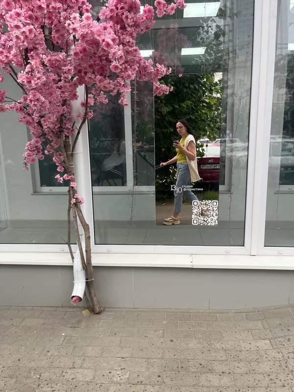 Smartphone in hand, reflected in a Voronezh storefront window