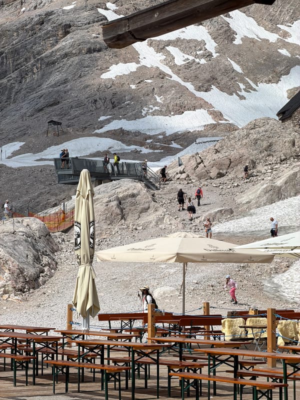 Summer morning at the Zugspitze summit, people and machinery
