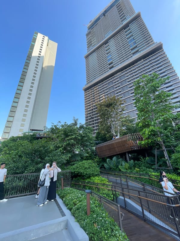 Bangkok rooftop park captures dogs playing, city views