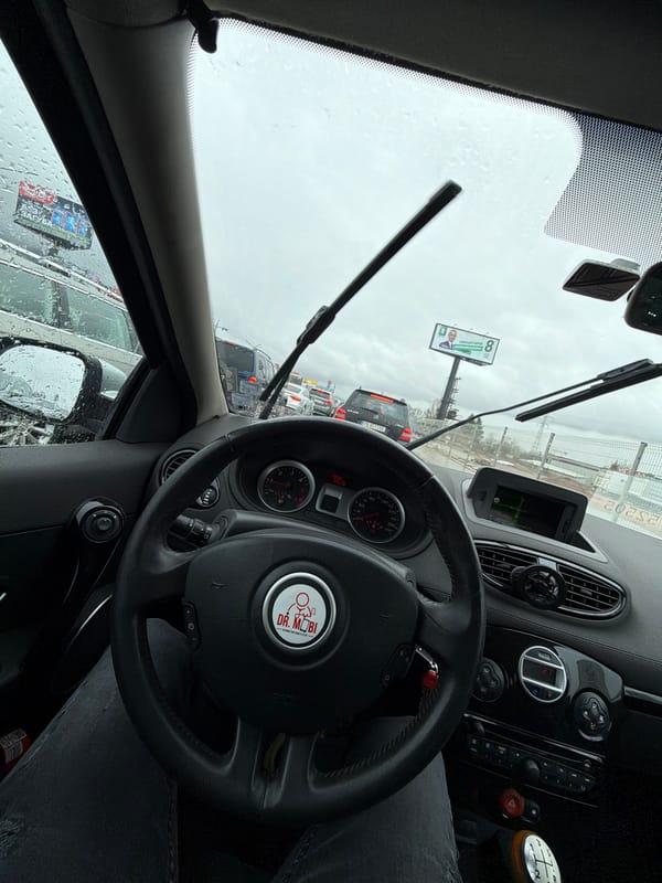 Morning observations capture rainy commute and medical facility in Sofia