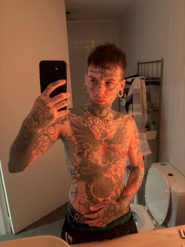 Tattooed man takes bathroom mirror selfie in Buenos Aires