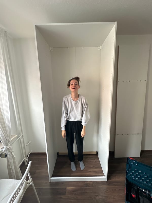 Woman poses playfully inside wardrobe frame during furniture assembly