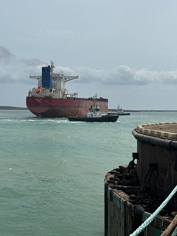 Tugboats guide bulk carrier through Colombian port waters