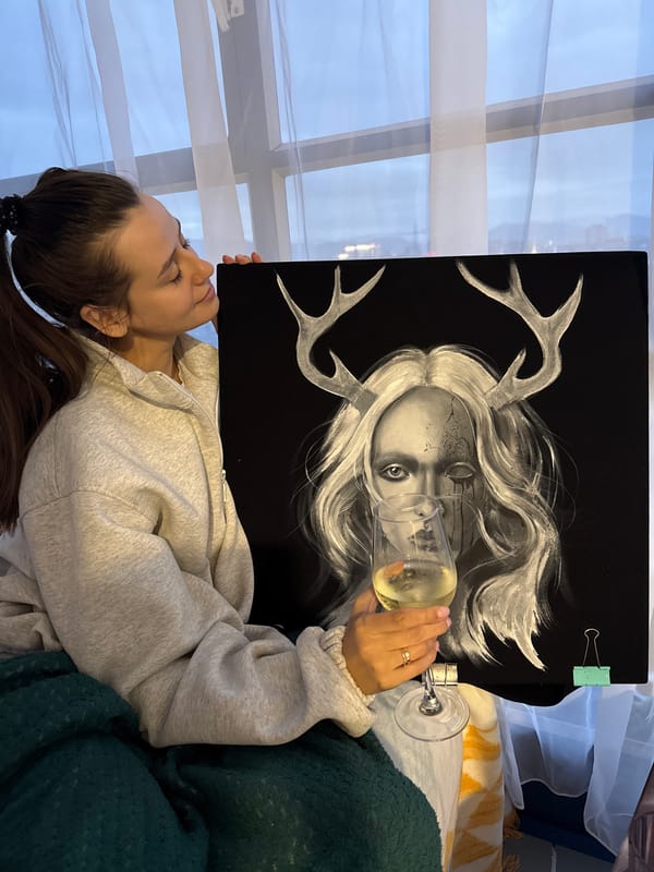 Artist creates portrait drawings with wine in Krasnoyarsk studio
