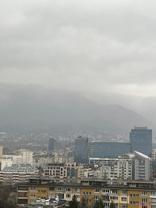 Spring morning captures urban Sofia cityscape and blooming flowers