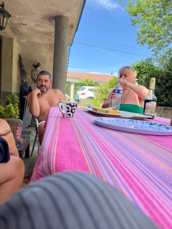 Casual outdoor lunch captured in French backyard