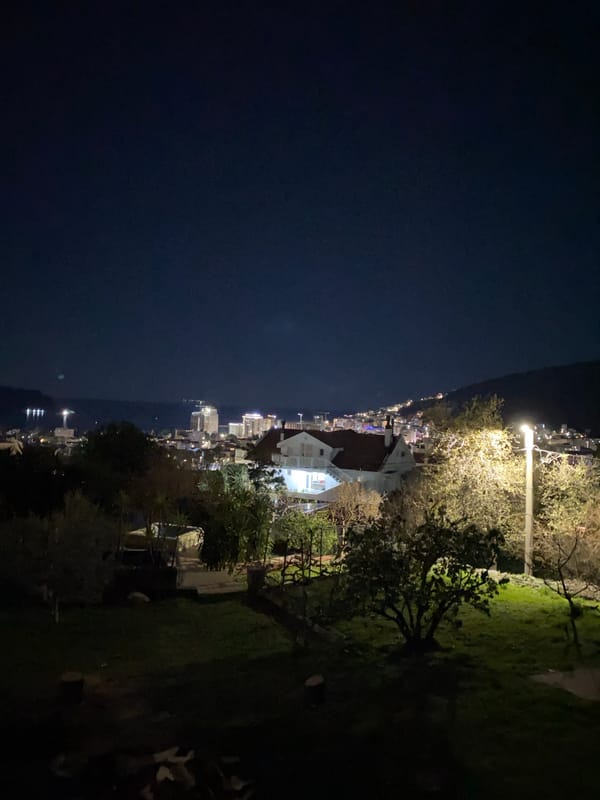 Nighttime urban exploration documenting infrastructure details in Budva, Montenegro
