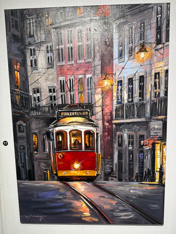 Mixed-media art exhibition in Cascais showcasing Lisbon and coastal scenes