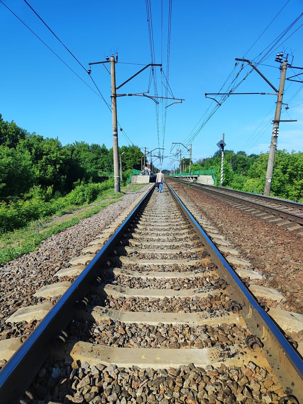 A train trip, from platform to tracks to countryside