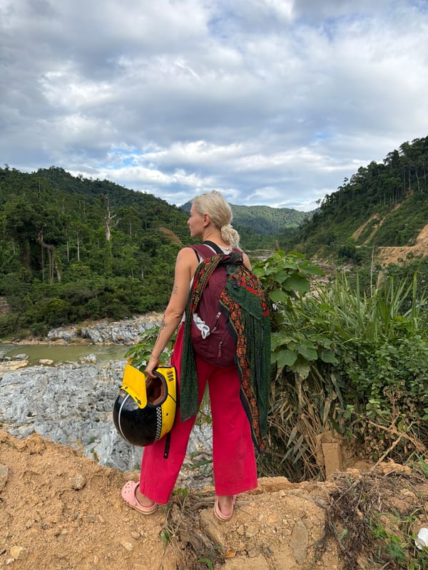 Rocky river valley with landslide damage, central Vietnam highlands