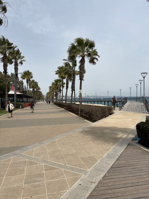 Pedestrians stroll along Limassol's palm-lined seaside promenade