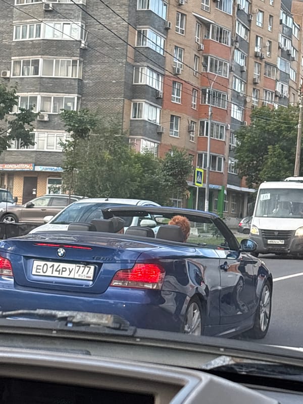 Cruising Mytishchi streets with convertibles and a dog in tow