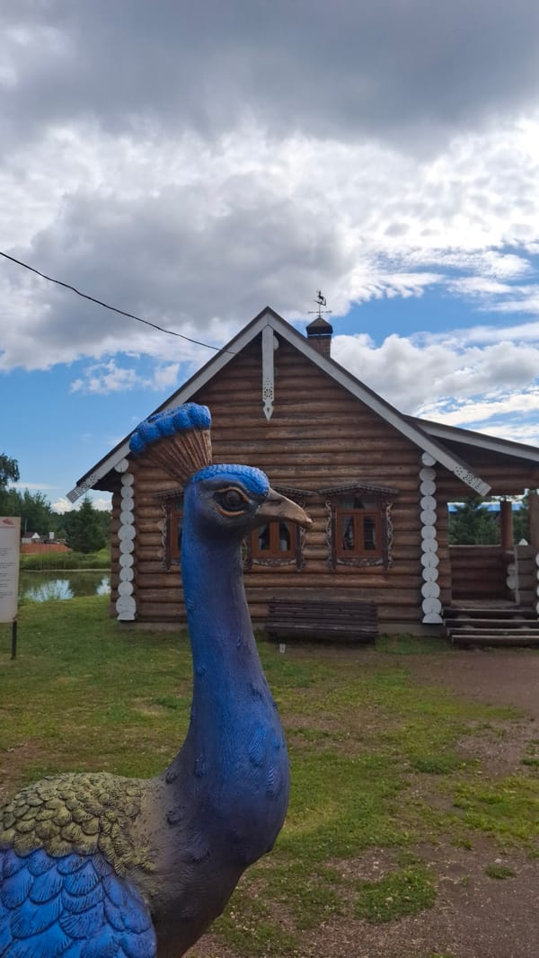Rustic log compound in Peterhof with folk carvings and free-roaming birds