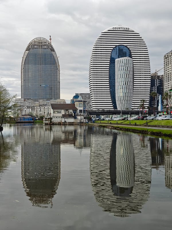 Urban witness documents modern city district with twin striped towers