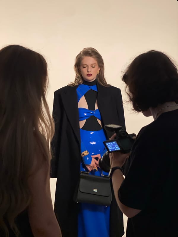 Fashion photoshoot with model in blue sequined dress, Kyiv studio