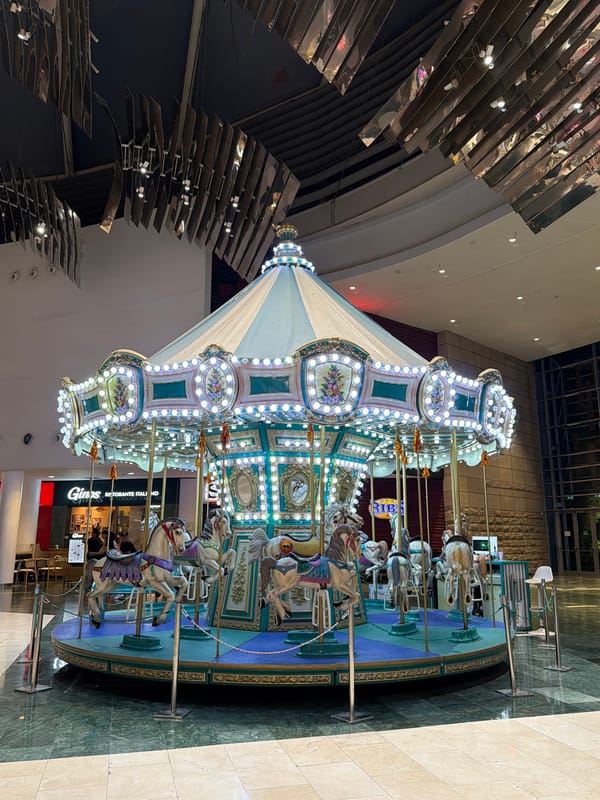 Indoor carousel, mall atrium, and a Korean BBQ night out
