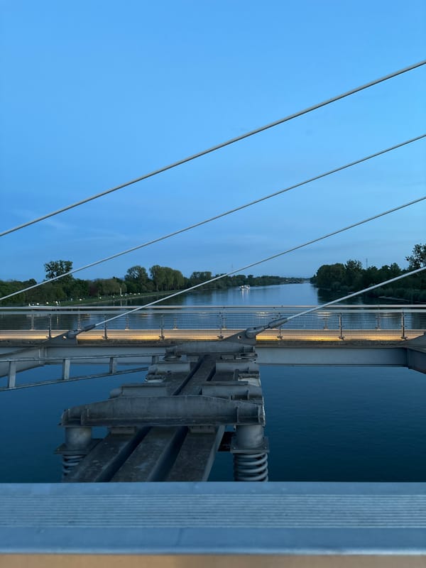 Twilight bridge views captured over Strasbourg waterfront Sunday evening