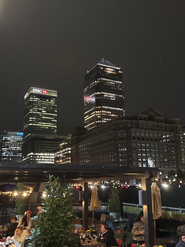 London Canary Wharf skyscrapers illuminated at night