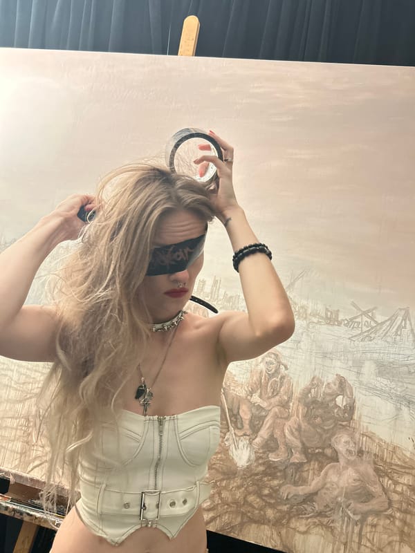 Blindfolded woman with tape documented during art session in Cape Coral
