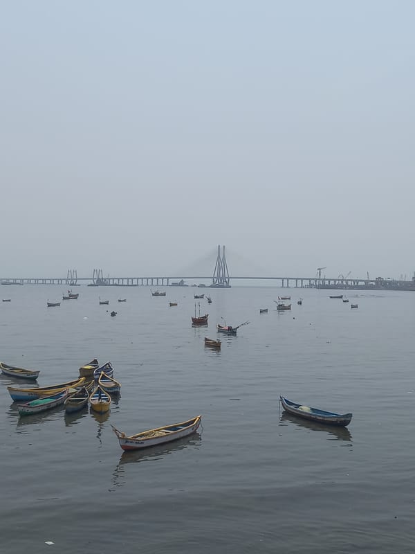 Morning fishing boats gather near Bandra-Worli Sea Link