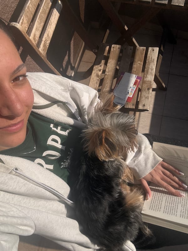 Woman enjoys quiet afternoon reading with Yorkshire Terrier companion